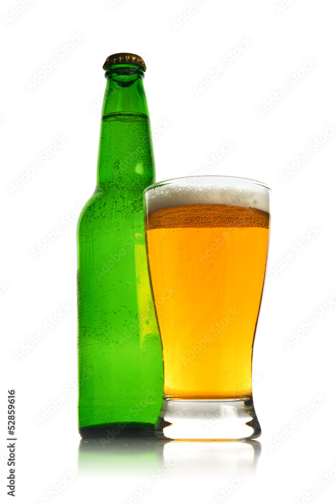 Beer bottle and glass full of light beer