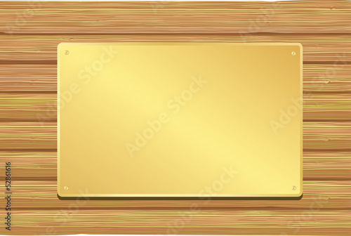 Golden plate on wooden background. Vector