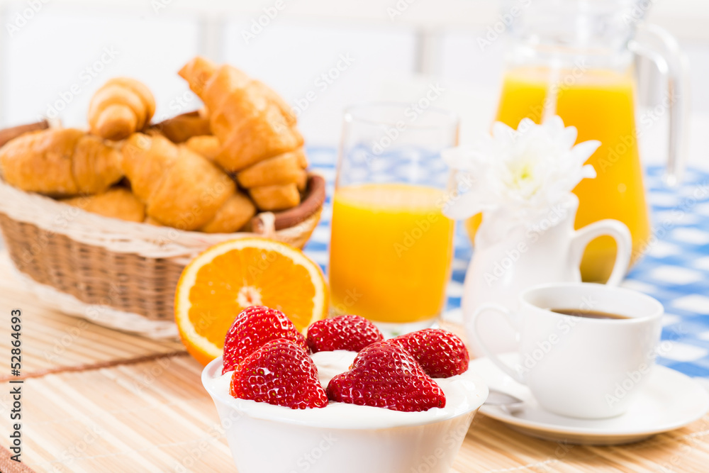 early breakfast, juice, croissants and Berries early breakfast, juice, croissants and Berries