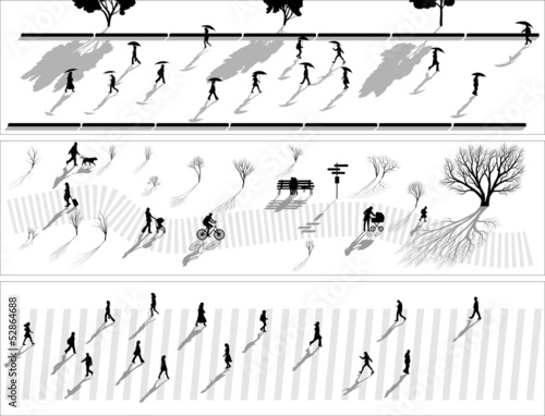 Abstract banner of crowd people silhouettes with shadows.