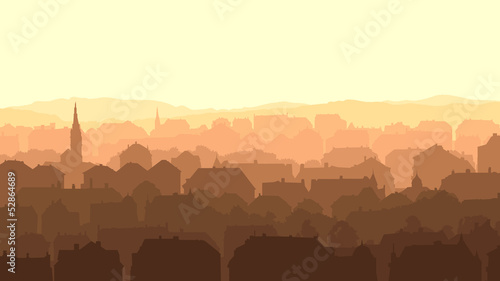 Horizontal illustration of big European city at sunset.