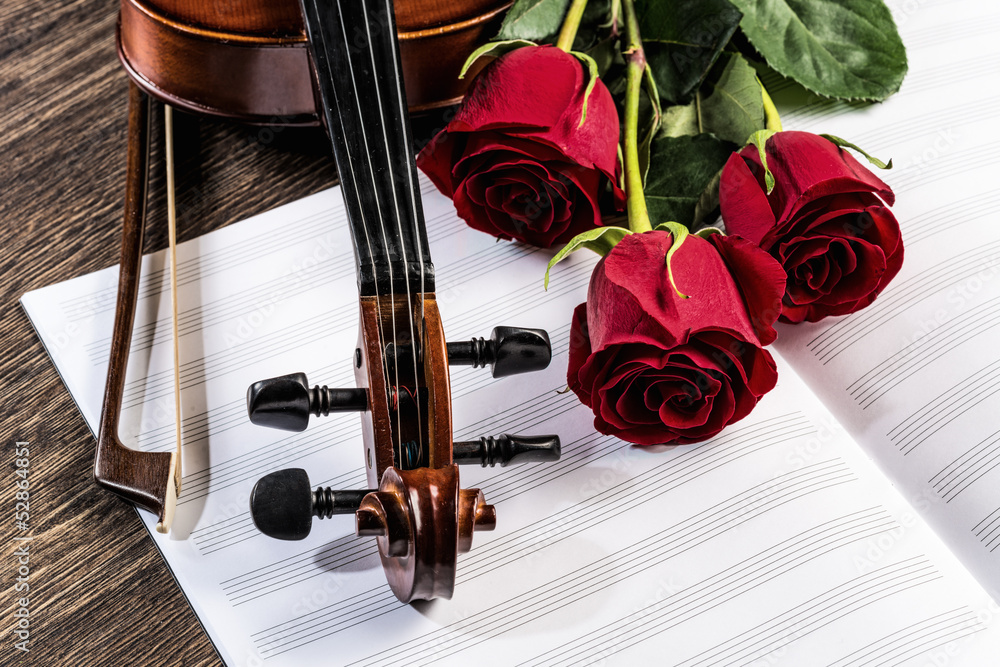 Fototapeta premium Violin, rose and music books