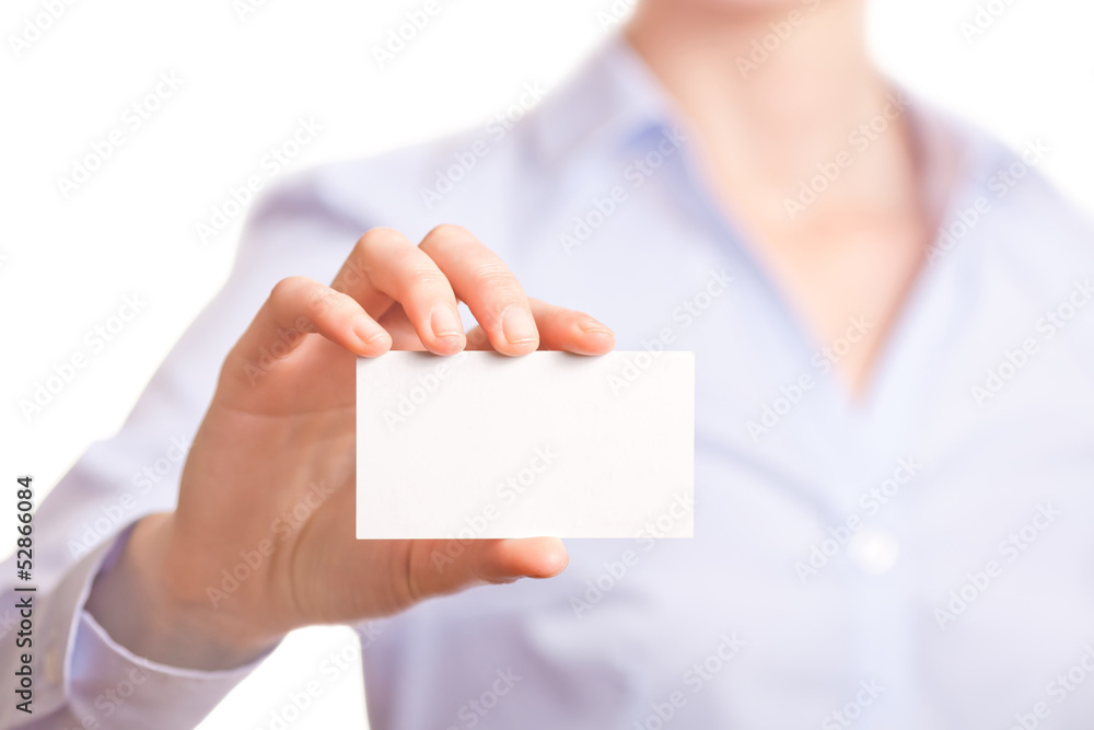 Business women handing a blank business card Business women handing a blank business card