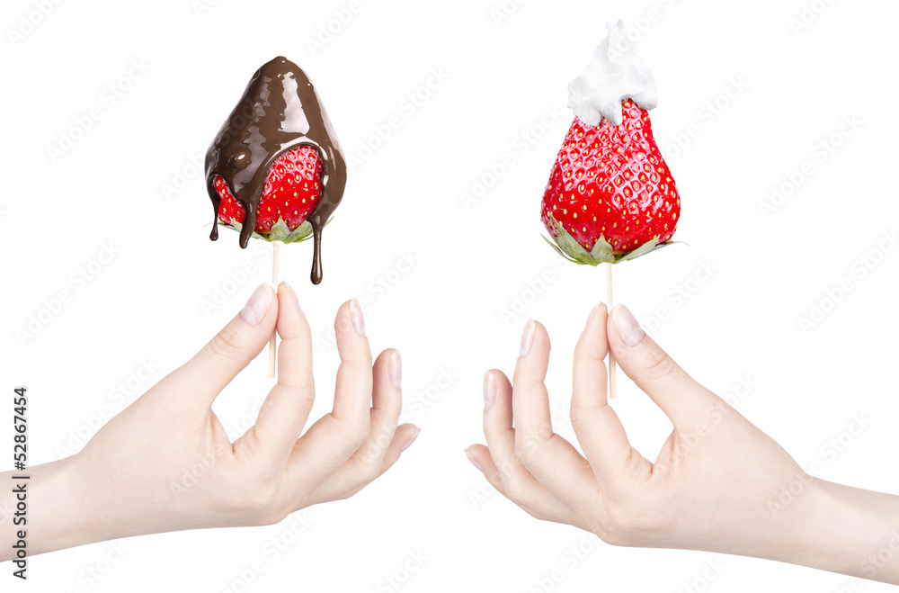 Whipped cream with tasty strawberry and hand Whipped cream with tasty strawberry and hand