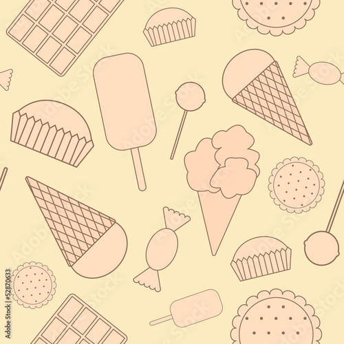 Seamless pattern: sweets. Chocolate, candy, ice cream, cake, coo