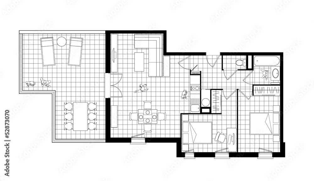 three-room apartment black and white drawing