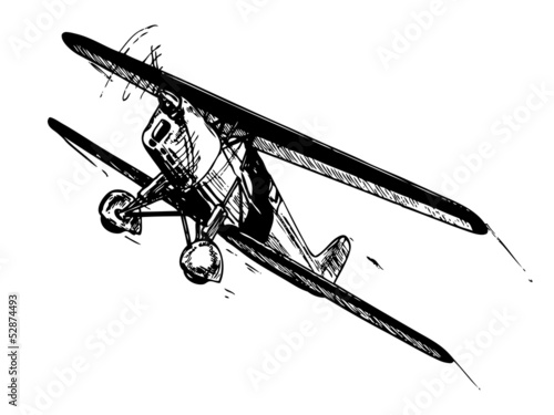 Biplane aircraft in flight. Vintage style vector illustration.