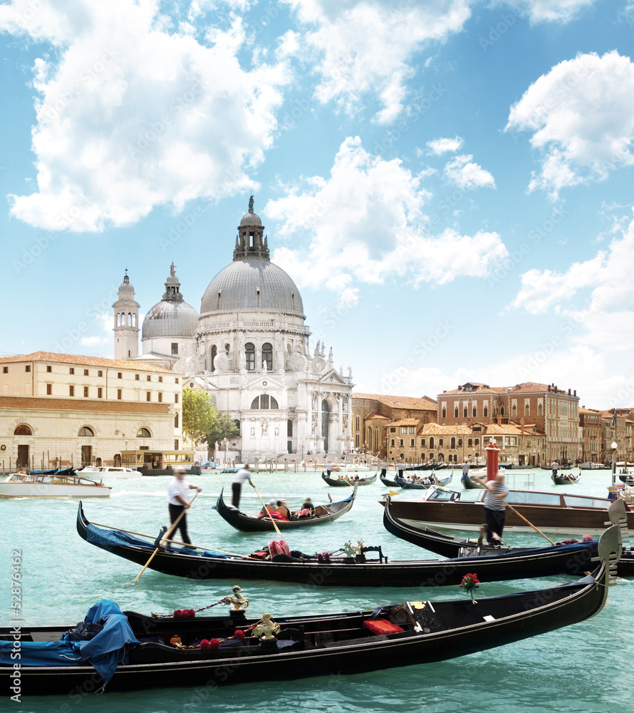 gondolas on Canal and Basilica Santa Maria della Salute, Venice,
