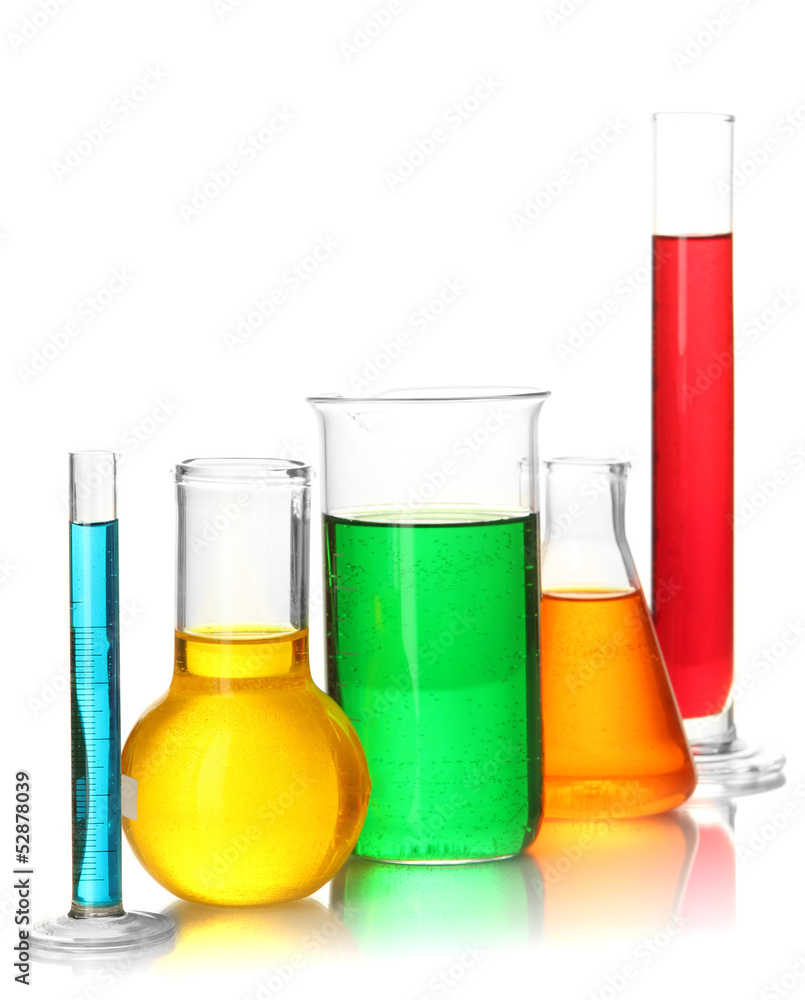 Test tubes with colorful liquids isolated on white Test tubes with colorful liquids isolated on white