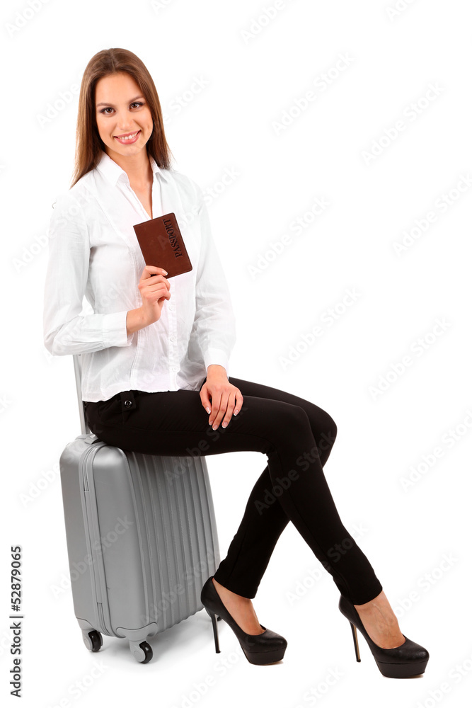 Young businesswoman with suitcase isolated on white Young businesswoman with suitcase isolated on white