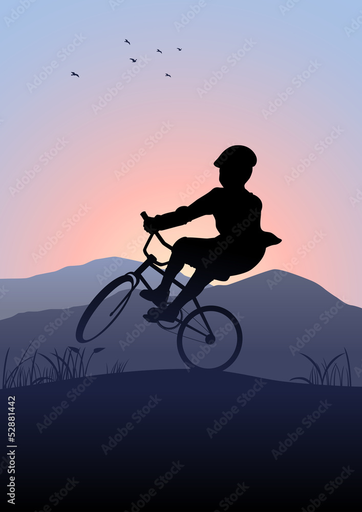 Obraz premium Silhouette illustration of a boy riding a bicycle with mountain