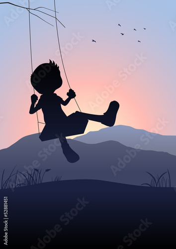 Silhouette illustration of a kid on a swing