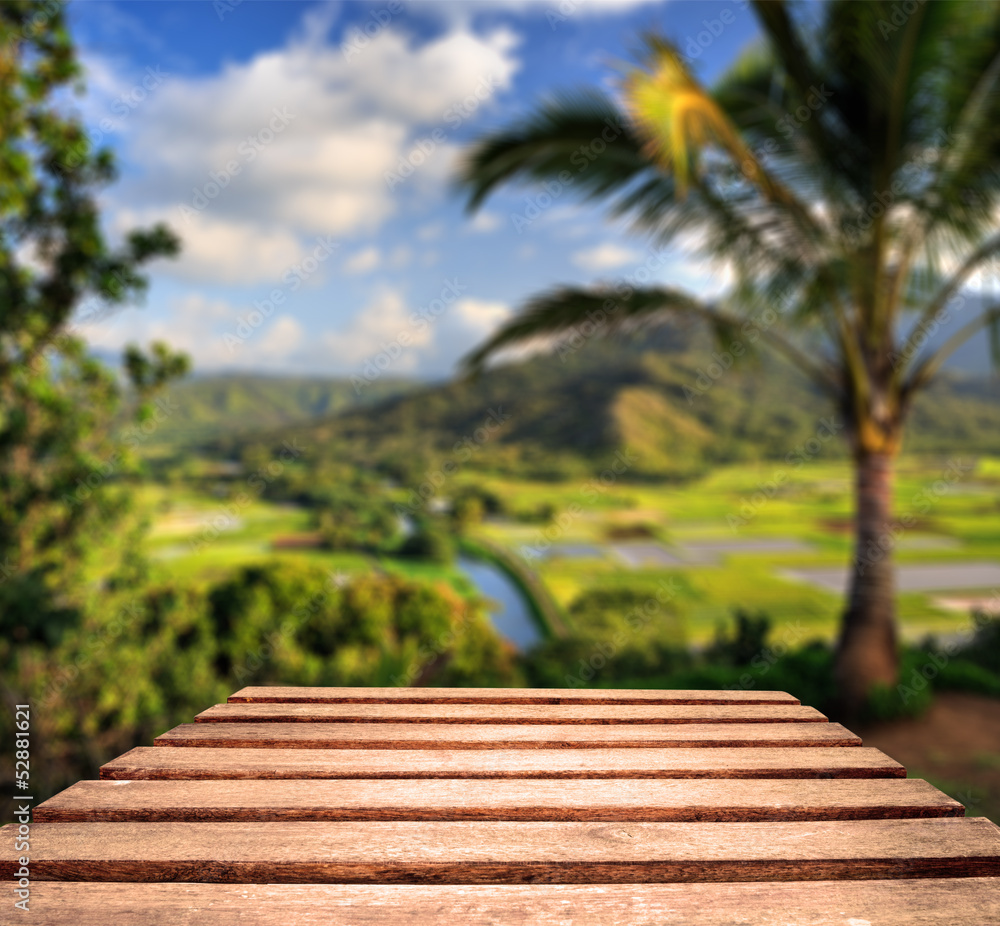 Fototapeta premium Worn Table Top with tropical background