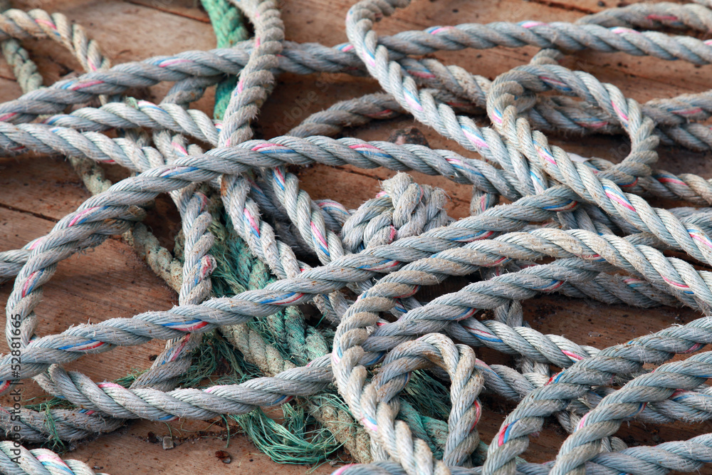 Nautical rope lies on the ships deck