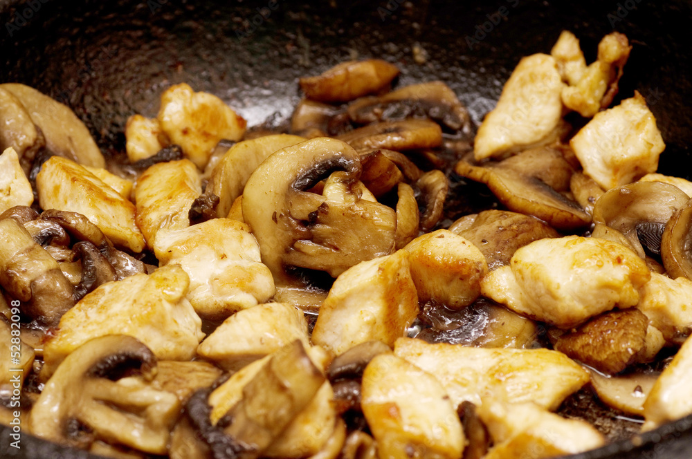 fried mushrooms in a pan closeup fried mushrooms in a pan closeup