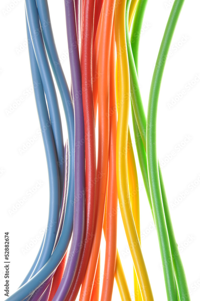 Bundles of electric computer cables on a white background