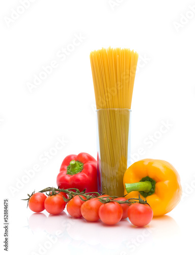 cherry tomatoes, sweet peppers, spaghetti on a white background