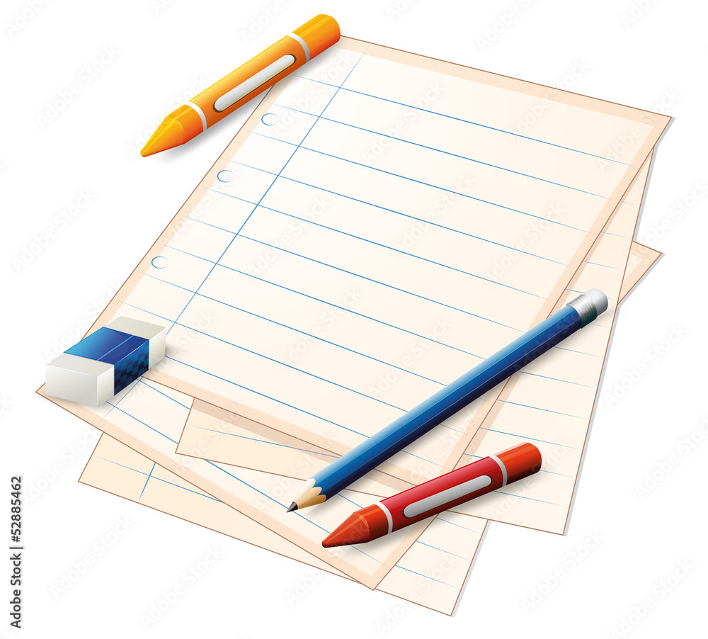 An empty paper with crayons, a pencil and an eraser An empty paper with crayons, a pencil and an eraser