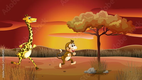 A giraffe and monkey running in a sunset scenery