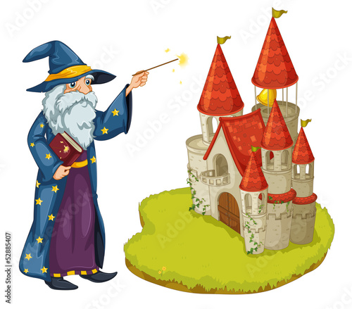 A wizard holding a book and a magic wand in front of the castle