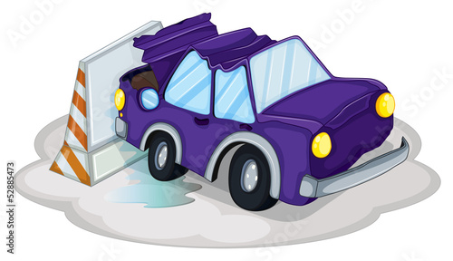 A violet car bumping the traffic cone