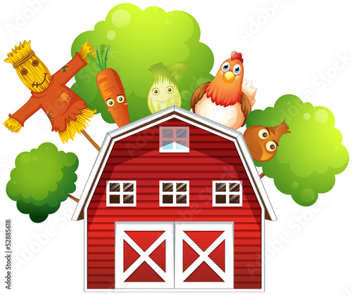 A barn with a chicken and fruits at the back