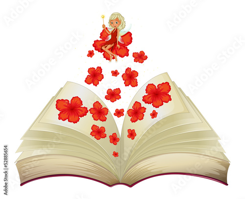 A book with an image of a flower and a fairy