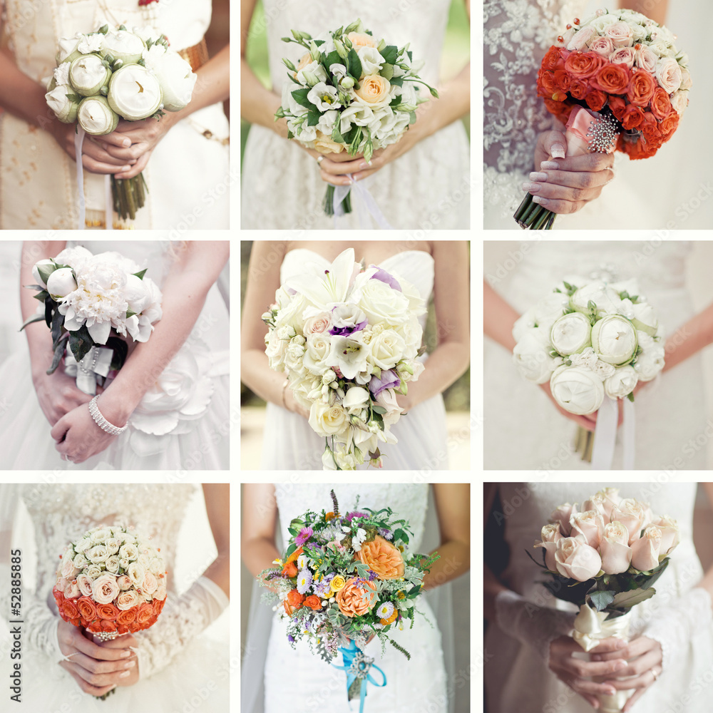 Collage of nine wedding photos with bouquets