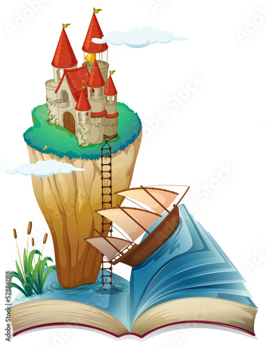 A book with a castle at the top of a cliff