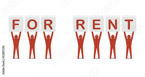 Men holding the words for rent. Concept 3D illustration.