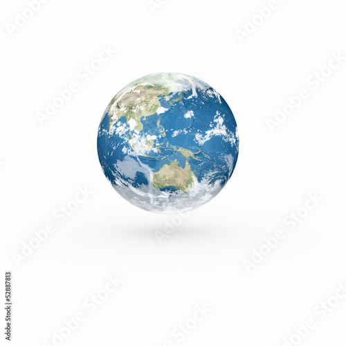 3D Earth model on white background with shadow.