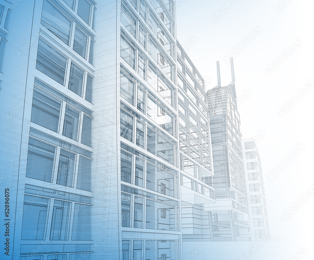 Fototapeta premium Sketch of the business center. From drawing to implementation.
