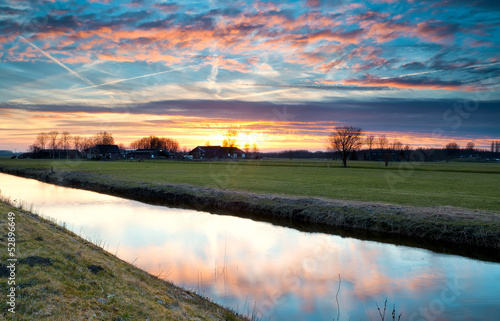 dramatic colorful sunset over farmland