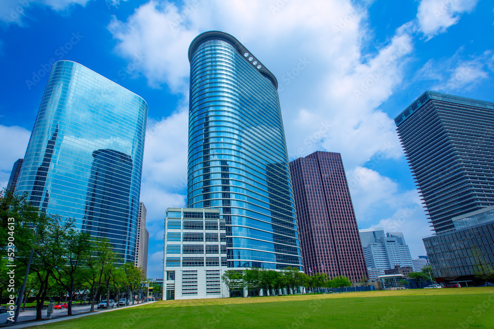 Houston downtown skyscrapers disctict blue sky mirror Houston downtown skyscrapers disctict blue sky mirror