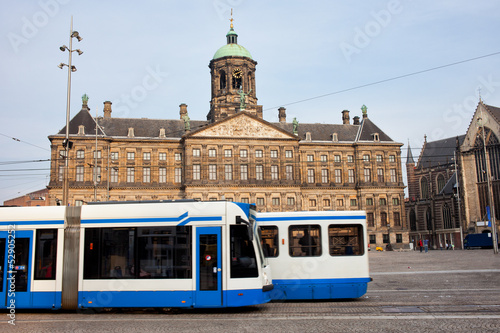 Royal Palace and Trams in Amsterdam