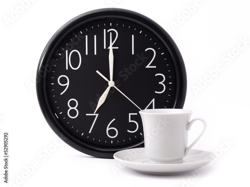 Coffee and clock. Morning background