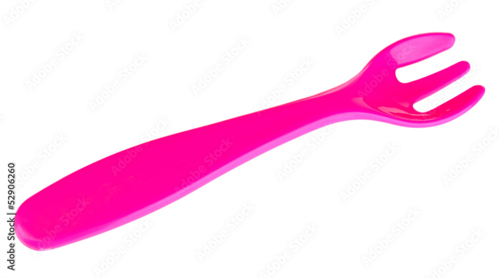 Pink fork for baby food isolated on white Pink fork for baby food isolated on white