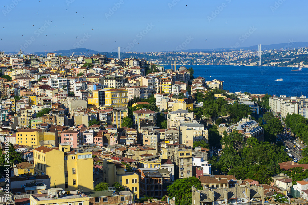 Fototapeta premium Aerial view of housing and Bosphorus bridge in suburb of Ortako
