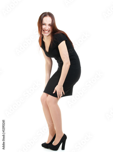 Fashion model in black dress laughing, no makeup