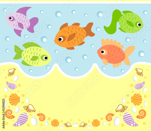 Sea animals cartoon background card with fish