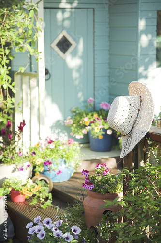 Summer flower pots and shed