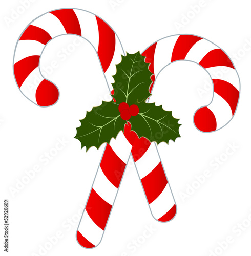 Candy Canes and Holly Isolated on White