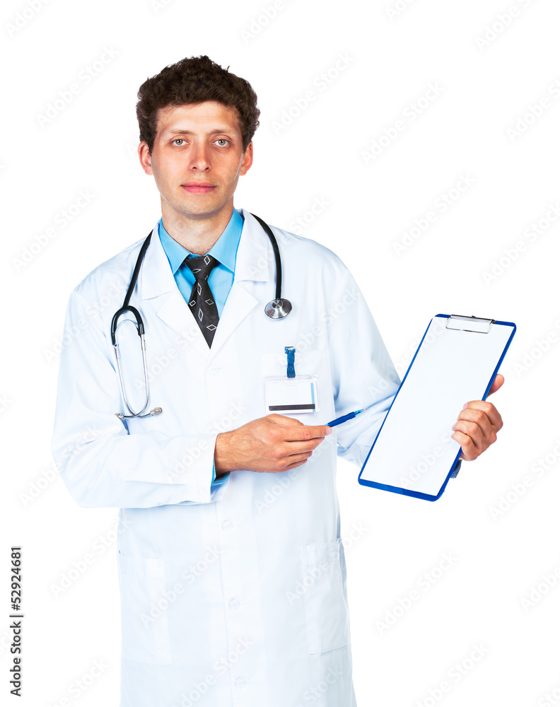 Male doctor showing clipboard with copy space for text Male doctor showing clipboard with copy space for text