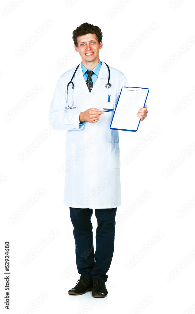 Smiling male doctor showing clipboard with copy space for text Smiling male doctor showing clipboard with copy space for text