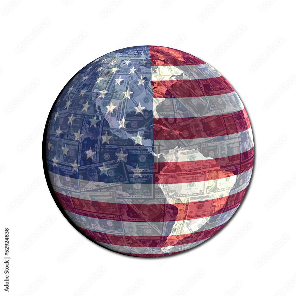 American flag globe with currency illustration