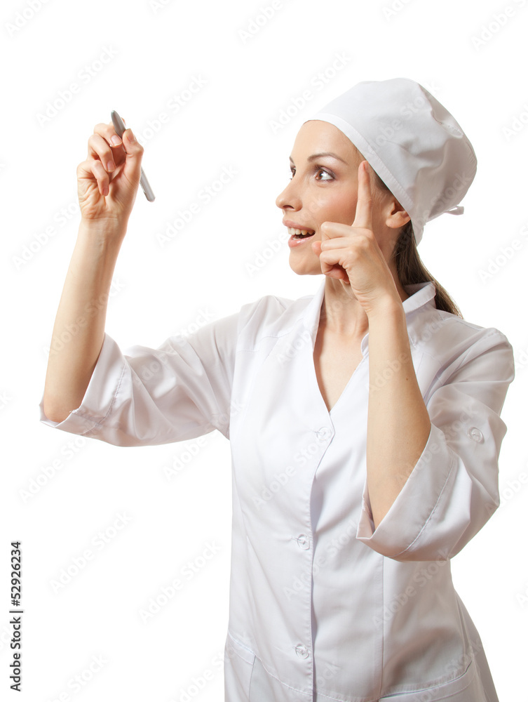 Doctor writing something with marker on glass, isolated om white Doctor writing something with marker on glass, isolated om white