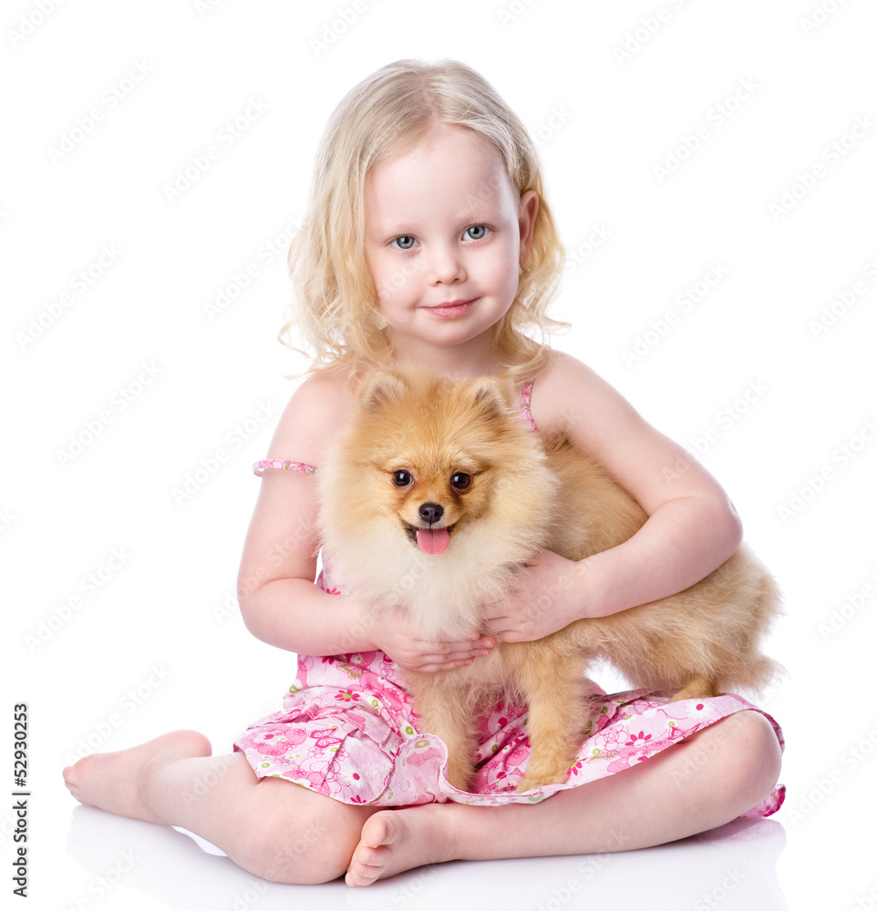girl and puppy. looking at camera. isolated on white background girl and puppy. looking at camera. isolated on white background