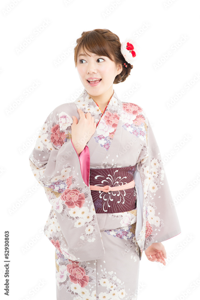 Beautiful japanese kimono woman isolated on white background