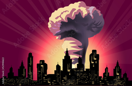 atomic explosion cloud in modern city