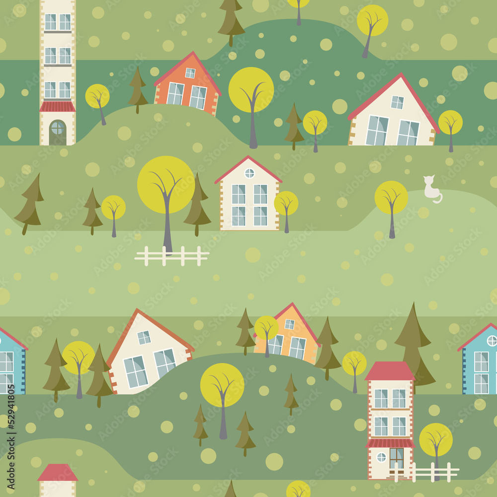 seamless pattern with village and houses